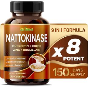 Nattokinase 8,800mg X8 Power with Quercetin, CoQ10, Zinc, Bromelain for Digestion Function, Immunity Booster, Overall Well-Being - USA made & tested