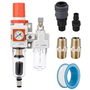 NANPU 3/8" NPT Embedded Gauge Compressed Air Filter Regulator Lubricator Combo Water/Oil Trap Separator - 0-180 psi Gauge, Auto Drain,Poly Bowl, Bracket