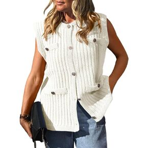Saodimallsu Womens Sleeveless Cardigan Button Up Cable Knit Crew Neck Casual Loose Trendy Summer Fall Sweater Vest