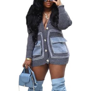 Women's Cable Knit Open Front Cardigans Trendy Cardigan Sweaters with Denim Pockets