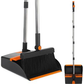 Broom with Dustpan Combo Set, Broom and Dustpan Set for Home, Kitchen Broom for Sweeping Indoor Outdoor, Dust Pan with Long Handle, Broom with Dustpan for Office Lobby Floor Cleaning (Orange)