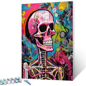 Graffitic Tropical Seascape Paint By Numbers for Adults Human Skeleton at Sunset DIY Painting Acrylic Paint Canvas Kitchen Decor Skull Man Painting Kits Landscape Art 20x16 Inch Gift （Frameless）