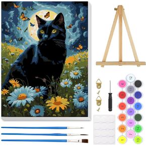 HEIBAGO Paint by Numbers kit for Adults Framed Canvas - with Wooden Easel, Black Cat Paint by Numbers for Adults Beginner, Butterfly DIY Acrylic Oil Painting Kits Arts Crafts for Wall Decor 12x16inch