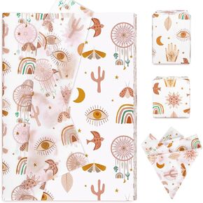 Whaline 100 Sheet Boho Theme Tissue Paper Bulk Retro Rainbow Sunshine Eye Prints Art Tissue Bohemian Aesthetic Wrapping Tissue Paper for Birthday Baby Shower Gift Wrapping DIY Crafts, 19.7 x 13.8 Inch