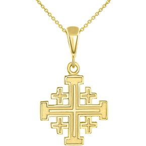 Solid 14K Yellow Gold Crusaders Jerusalem Cross Pendant Necklace