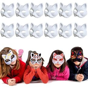 Cat Mask 12pcs Therian Masks White Cat Masks Fox Masks Blank Mask Animal Half Facemasks DIY White Cat Painted Masks Masquerade Mask