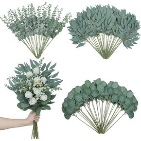 VIERENA 110 قطعة 7 أنواع من سيقان الأوكالبتوس الاصطناعية المختلطة أوراق الصفصاف والزهور الصناعية، أغصان أوراق الشجر ذات اللمس الحقيقي لحفلات الزفاف DIY باقات الزهور وديكور المنزل (أخضر) in Kuwait