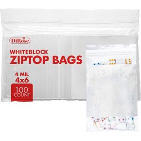 Dirose Reclosable Poly Zip Top Bags - 4" x 6" (100 Count), 4 Mil - Plastic Zip&lock Bags – Resealable Plastic Bags with Zipper - White Block Baggies for Jewelry, Pills, Candy