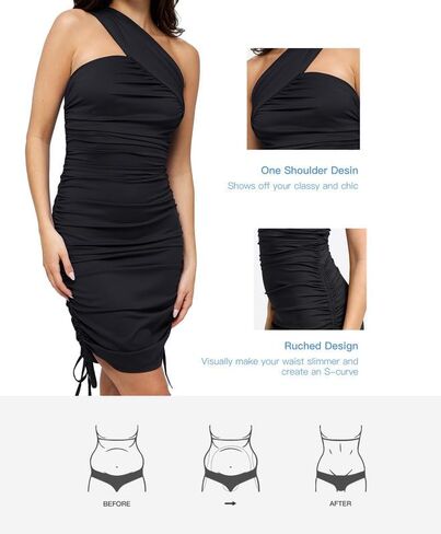Popilush The Shapewear Dress BlueTag Collection - One Shoulder Ruched Dress with Drawstring Summer Dress in Saudi Arabia