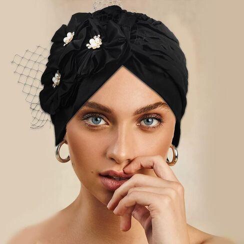 قطعتان من عمامة الزهور السوداء المربوطة مسبقًا غطاء رأس لؤلؤي للنساء in Kuwait