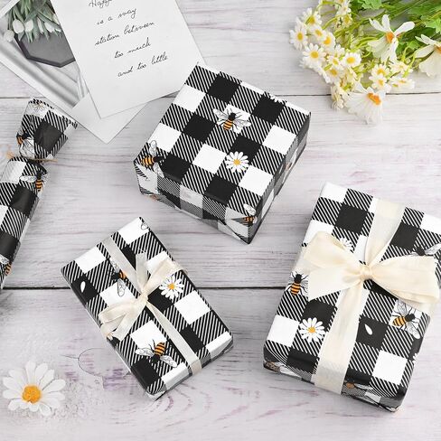100 ورقة مقاس 20 * 14 بوصة من مناديل عسل النحل لتغليف الهدايا باللون الأسود والأبيض المنقوش على شكل نحلة الأقحوان الورقية المطبوعة لحقائب الهدايا لعطلة الربيع وحفلات أعياد الميلاد والحرف اليدوية in Saudi Arabia