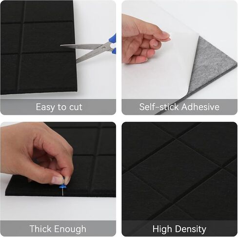 12 Pcs Large 11.8" x 11.8" Felt Bulletin Board for Wall Square Felt Board Tiles with 60 Push Pins Self Adhesive Cork Board Tiles Tack Board for Office Kitchen Classroom Photos Notes Memo DIY (Black) in Saudi Arabia
