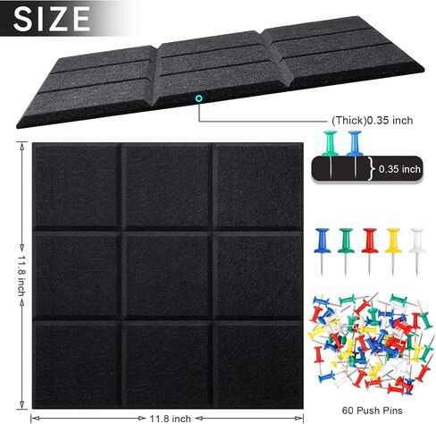 12 Pcs Large 11.8" x 11.8" Felt Bulletin Board for Wall Square Felt Board Tiles with 60 Push Pins Self Adhesive Cork Board Tiles Tack Board for Office Kitchen Classroom Photos Notes Memo DIY (Black) in Saudi Arabia