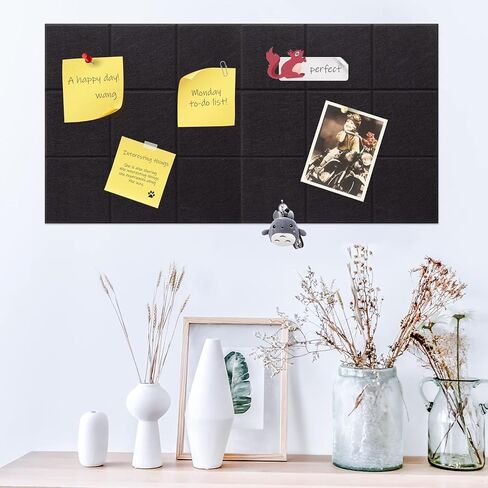 12 Pcs Large 11.8" x 11.8" Felt Bulletin Board for Wall Square Felt Board Tiles with 60 Push Pins Self Adhesive Cork Board Tiles Tack Board for Office Kitchen Classroom Photos Notes Memo DIY (Black) in Saudi Arabia