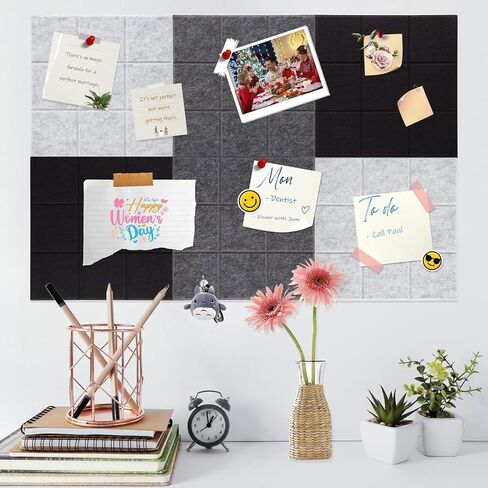12 Pcs Large 11.8" x 11.8" Felt Bulletin Board for Wall Square Felt Board Tiles with 60 Push Pins Self Adhesive Cork Board Tiles Tack Board for Office Kitchen Classroom Photos Notes Memo DIY (Black) in Saudi Arabia