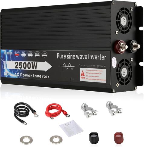 ROADGIVE 2500W عاكس موجة جيبية نقية 12V DC إلى 110V AC، عاكس طاقة السيارة مع منافذ تيار متردد مزدوجة، شاشة LCD، مروحة تبريد ذكية للمنزل، السيارة، رحلات الطريق، التخييم in Kuwait