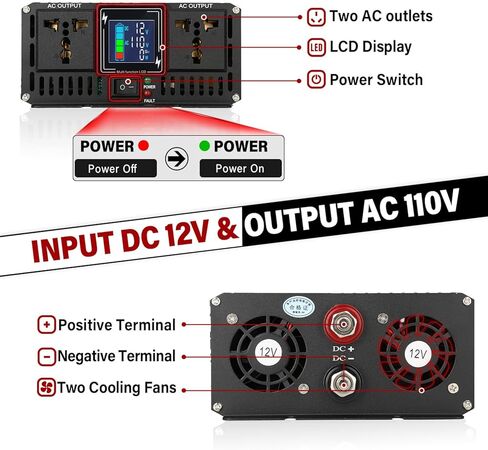 ROADGIVE 2500W عاكس موجة جيبية نقية 12V DC إلى 110V AC، عاكس طاقة السيارة مع منافذ تيار متردد مزدوجة، شاشة LCD، مروحة تبريد ذكية للمنزل، السيارة، رحلات الطريق، التخييم in Kuwait