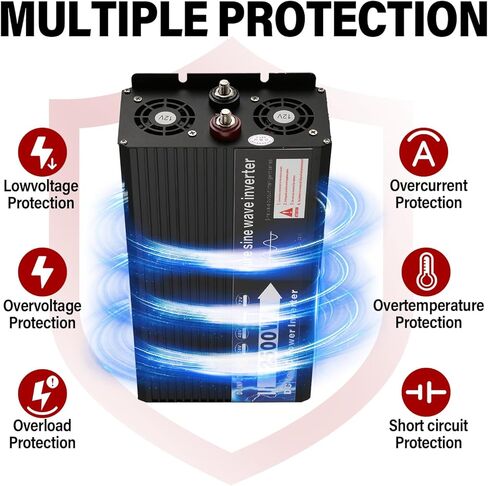 ROADGIVE 2500W عاكس موجة جيبية نقية 12V DC إلى 110V AC، عاكس طاقة السيارة مع منافذ تيار متردد مزدوجة، شاشة LCD، مروحة تبريد ذكية للمنزل، السيارة، رحلات الطريق، التخييم in Kuwait