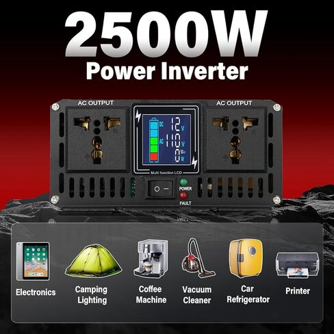 ROADGIVE 2500W عاكس موجة جيبية نقية 12V DC إلى 110V AC، عاكس طاقة السيارة مع منافذ تيار متردد مزدوجة، شاشة LCD، مروحة تبريد ذكية للمنزل، السيارة، رحلات الطريق، التخييم in Kuwait