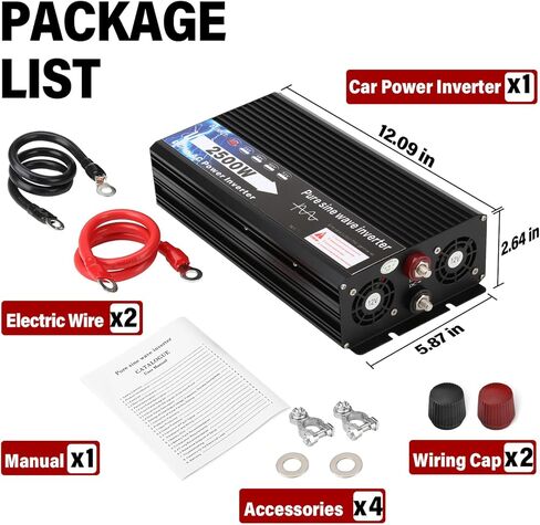 ROADGIVE 2500W عاكس موجة جيبية نقية 12V DC إلى 110V AC، عاكس طاقة السيارة مع منافذ تيار متردد مزدوجة، شاشة LCD، مروحة تبريد ذكية للمنزل، السيارة، رحلات الطريق، التخييم in Kuwait