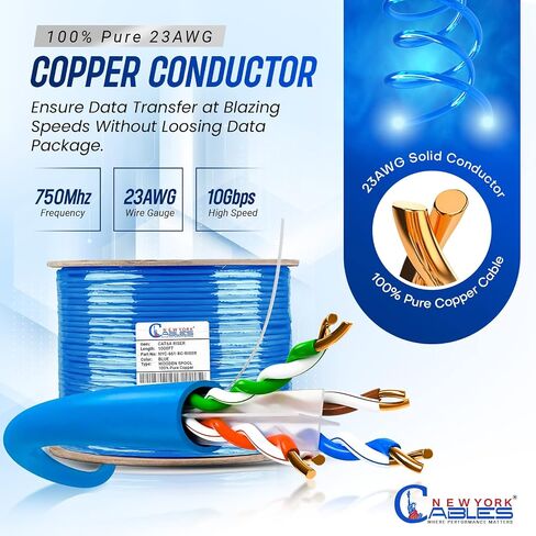 NewYork Cables Cat6a Riser Cable 1000ft - كابل إيثرنت Cat 6a نحاسي صلب 100٪ معتمد - CMR، 23 AWG، 750 ميجاهرتز، PoE++ - زوج ملتوي غير محمي (UTP) - سرعة عالية 10 جيجابايت للشبكات والألعاب in Kuwait
