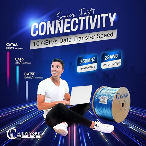 NewYork Cables Cat6a Riser Cable 1000ft - كابل إيثرنت Cat 6a نحاسي صلب 100٪ معتمد - CMR، 23 AWG، 750 ميجاهرتز، PoE++ - زوج ملتوي غير محمي (UTP) - سرعة عالية 10 جيجابايت للشبكات والألعاب in Kuwait