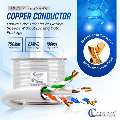 NewYork Cables Cat6a Riser Cable 1000ft - كابل إيثرنت Cat 6a نحاسي صلب 100٪ معتمد - CMR، 23 AWG، 750 ميجاهرتز، PoE++ - زوج ملتوي غير محمي (UTP) - سرعة عالية 10 جيجابايت للشبكات والألعاب in Kuwait