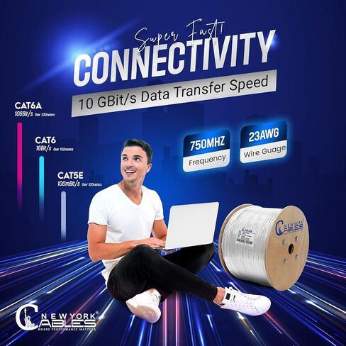 NewYork Cables Cat6a Riser Cable 1000ft - كابل إيثرنت Cat 6a نحاسي صلب 100٪ معتمد - CMR، 23 AWG، 750 ميجاهرتز، PoE++ - زوج ملتوي غير محمي (UTP) - سرعة عالية 10 جيجابايت للشبكات والألعاب in Kuwait