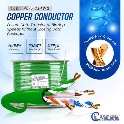 NewYork Cables Cat6a Riser Cable 1000ft - كابل إيثرنت Cat 6a نحاسي صلب 100٪ معتمد - CMR، 23 AWG، 750 ميجاهرتز، PoE++ - زوج ملتوي غير محمي (UTP) - سرعة عالية 10 جيجابايت للشبكات والألعاب in Kuwait