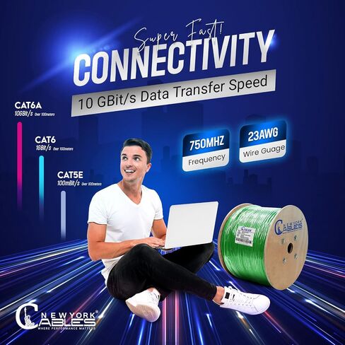 NewYork Cables Cat6a Riser Cable 1000ft - كابل إيثرنت Cat 6a نحاسي صلب 100٪ معتمد - CMR، 23 AWG، 750 ميجاهرتز، PoE++ - زوج ملتوي غير محمي (UTP) - سرعة عالية 10 جيجابايت للشبكات والألعاب in Kuwait