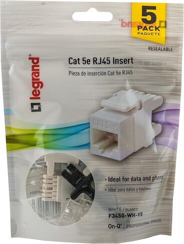 Legrand - مقبس Keystone للهاتف OnQ RJ45، مقبس Keystone للبيانات من ذكر إلى أنثى مع تصميم Keystone مثبت في الخلف، موصل Keystone عالمي، لوز خفيف، 5 عبوات، F3450LAV5 in Saudi Arabia