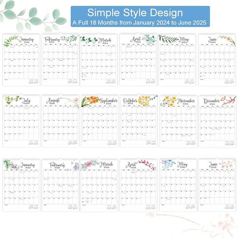 تقويم الحائط 2024-2025، 12 بوصة × 17 بوصة 18 شهرًا يناير 2024 - يونيو 2025، 2024 تقويم كبير مع ملصقات + ربط سلك مزدوج + خطاف تعليق + تواريخ جوليان، تقويم حائط 2024 لتنظيم المكتب المنزلي in Kuwait