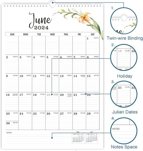 تقويم الحائط 2024-2025، 12 بوصة × 17 بوصة 18 شهرًا يناير 2024 - يونيو 2025، 2024 تقويم كبير مع ملصقات + ربط سلك مزدوج + خطاف تعليق + تواريخ جوليان، تقويم حائط 2024 لتنظيم المكتب المنزلي in Kuwait