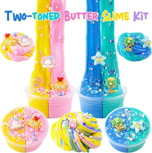 LAWOHO Butter Slime Kit Includes 2X120ml Two-Toned Butter Slime with 6 Packs Slime Add-Ins, Slime for Kids Party Favors, Non Stick Slime Scented Slime, Kids Slime Kit for Girls Boys Ages 8-12(Ocean) in Kuwait