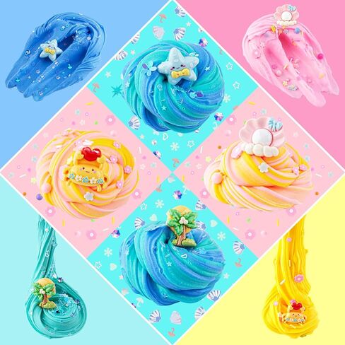 LAWOHO Butter Slime Kit Includes 2X120ml Two-Toned Butter Slime with 6 Packs Slime Add-Ins, Slime for Kids Party Favors, Non Stick Slime Scented Slime, Kids Slime Kit for Girls Boys Ages 8-12(Ocean) in Kuwait