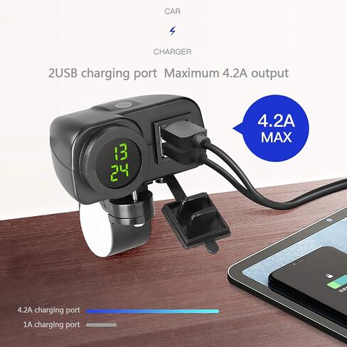 مقاوم للماء دراجة نارية 5 فولت 3.1A شاحن USB مزدوج والجهد عرض درجة الحرارة الفولتميتر لتركيب المقود 7/8 و1 بوصة in Kuwait