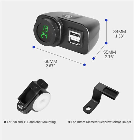 مقاوم للماء دراجة نارية 5 فولت 3.1A شاحن USB مزدوج والجهد عرض درجة الحرارة الفولتميتر لتركيب المقود 7/8 و1 بوصة in Kuwait