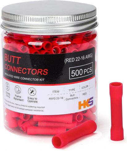 HKS 200 PCS Vinyl Insulated Butt Connector - Red 22-16 AWG - Electrical Connectors - Tinned Red Copper 0.7mm - Automotive Crimp Insulated in Saudi Arabia