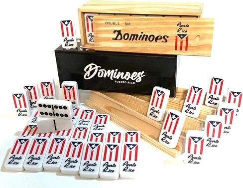 Puerto Rico Double Six (Doble SEIS) Classic Ivory Domino Tiles Set with Puerto Rican Flag, 28 Pieces in Wooden Box and Game's Instructions in Saudi Arabia