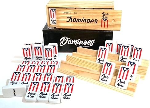 Puerto Rico Double Six (Doble SEIS) Classic Ivory Domino Tiles Set with Puerto Rican Flag, 28 Pieces in Wooden Box and Game's Instructions in Saudi Arabia