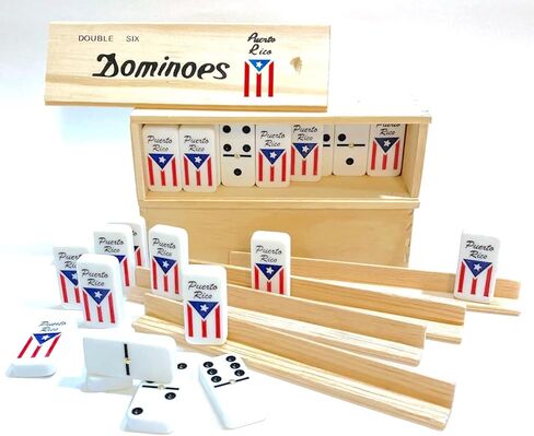Puerto Rico Double Six (Doble SEIS) Classic Ivory Domino Tiles Set with Puerto Rican Flag, 28 Pieces in Wooden Box and Game's Instructions in Saudi Arabia