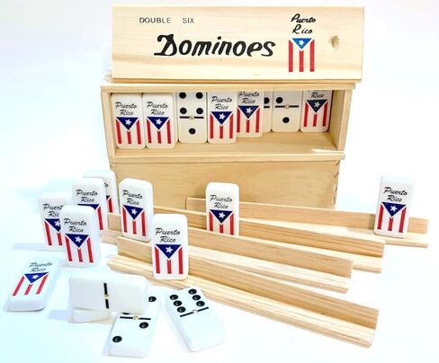 Puerto Rico Double Six (Doble SEIS) Classic Ivory Domino Tiles Set with Puerto Rican Flag, 28 Pieces in Wooden Box and Game's Instructions in Saudi Arabia