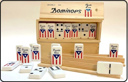 Puerto Rico Double Six (Doble SEIS) Classic Ivory Domino Tiles Set with Puerto Rican Flag, 28 Pieces in Wooden Box and Game's Instructions in Saudi Arabia