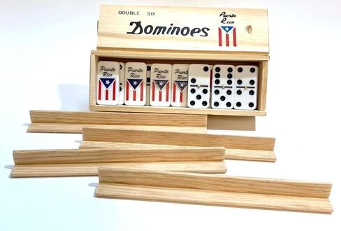 Puerto Rico Double Six (Doble SEIS) Classic Ivory Domino Tiles Set with Puerto Rican Flag, 28 Pieces in Wooden Box and Game's Instructions in Saudi Arabia