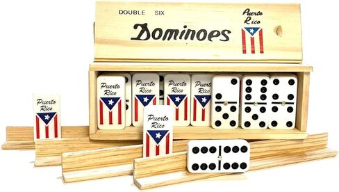 Puerto Rico Double Six (Doble SEIS) Classic Ivory Domino Tiles Set with Puerto Rican Flag, 28 Pieces in Wooden Box and Game's Instructions in Saudi Arabia