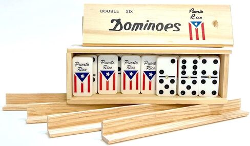 Puerto Rico Double Six (Doble SEIS) Classic Ivory Domino Tiles Set with Puerto Rican Flag, 28 Pieces in Wooden Box and Game's Instructions in Saudi Arabia