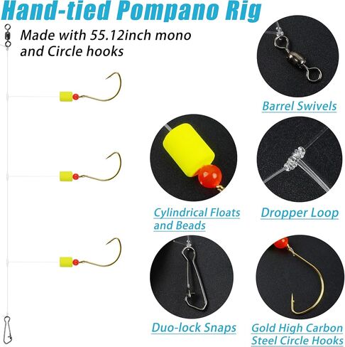 Pompano Rigs Surf Fishing Rigs Saltwater Triple Drop Pompano Rigs for Surf Fishing, Snell Floats Fishing Swivels Circle Hooks Pre-Rigged Fishing Rigs Tackle for Beach Offshore Surf Fishing 6/12pcs in Saudi Arabia