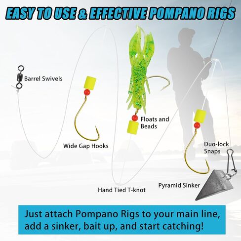 Pompano Rigs Surf Fishing Rigs Saltwater Triple Drop Pompano Rigs for Surf Fishing, Snell Floats Fishing Swivels Circle Hooks Pre-Rigged Fishing Rigs Tackle for Beach Offshore Surf Fishing 6/12pcs in Saudi Arabia