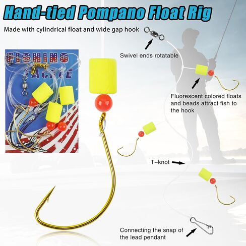 Pompano Rigs Surf Fishing Rigs Saltwater Triple Drop Pompano Rigs for Surf Fishing, Snell Floats Fishing Swivels Circle Hooks Pre-Rigged Fishing Rigs Tackle for Beach Offshore Surf Fishing 6/12pcs in Saudi Arabia