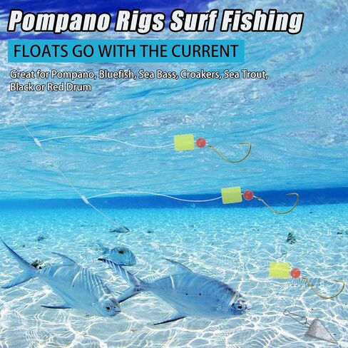 Pompano Rigs Surf Fishing Rigs Saltwater Triple Drop Pompano Rigs for Surf Fishing, Snell Floats Fishing Swivels Circle Hooks Pre-Rigged Fishing Rigs Tackle for Beach Offshore Surf Fishing 6/12pcs in Saudi Arabia